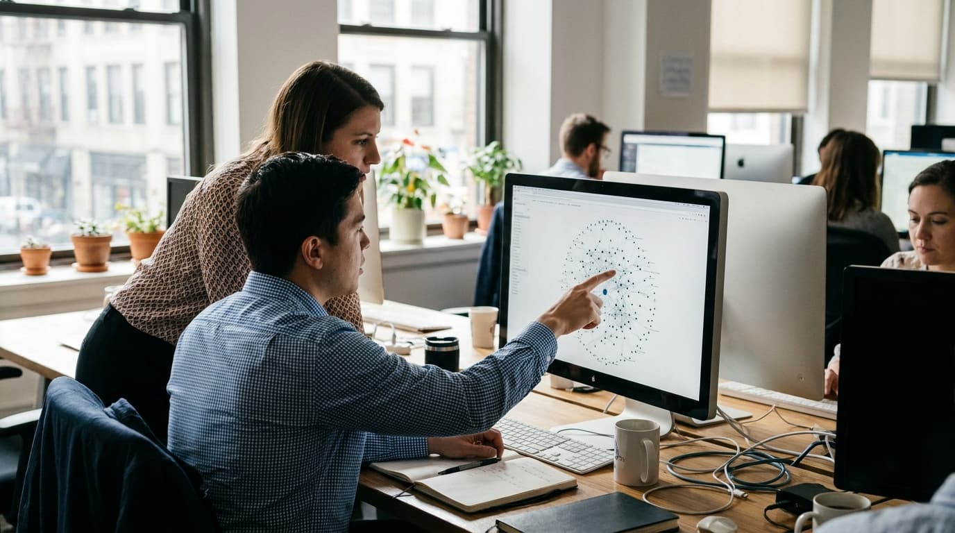 Two colleagues in an office discuss a data relationship diagram displayed on a computer monitor.