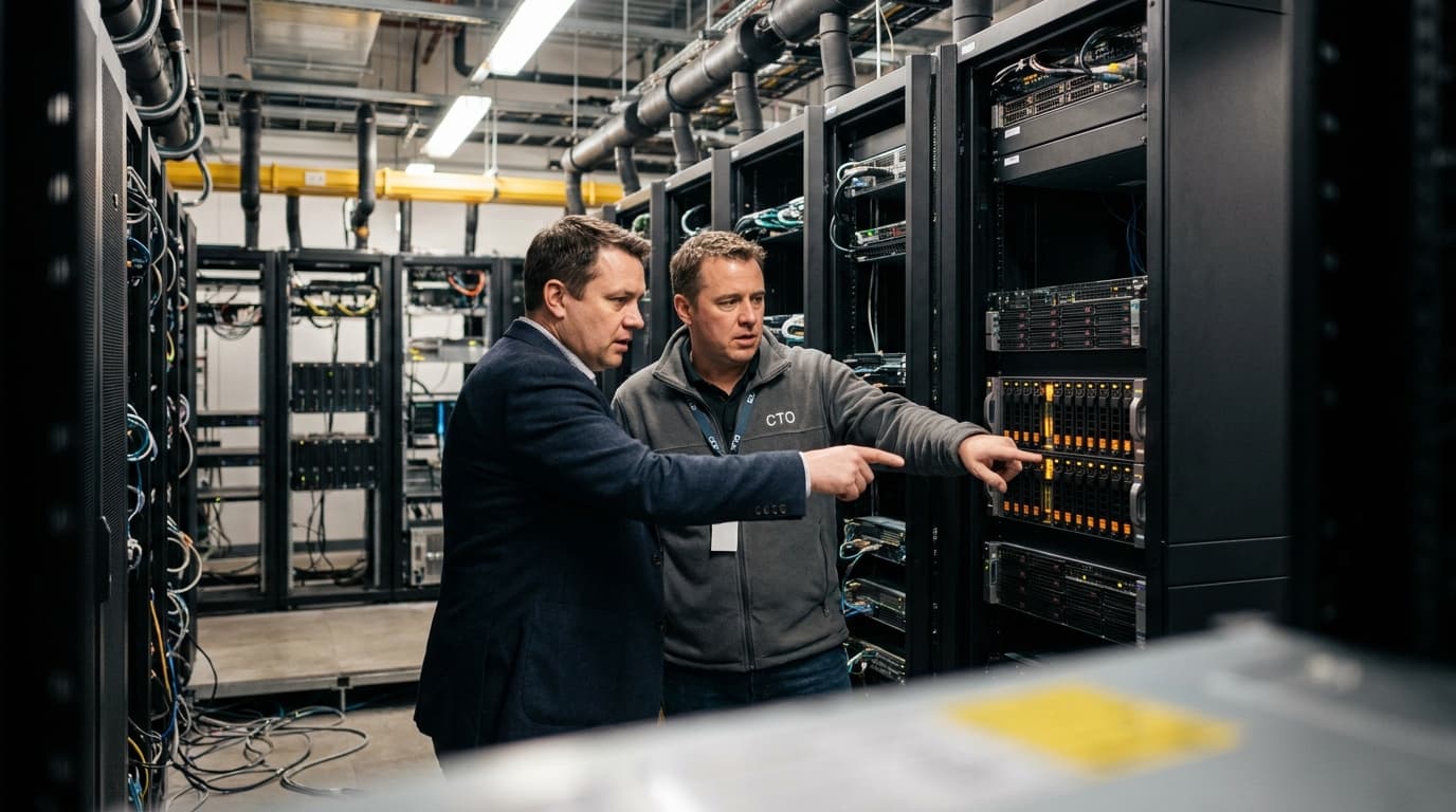 A chief technology officer and an IT manager discuss a problem in front of a server rack in a data center.