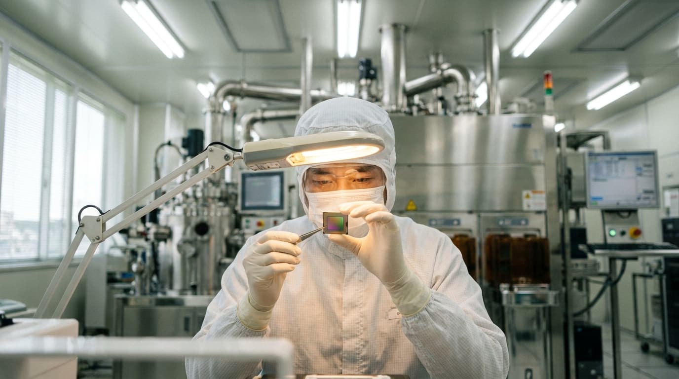 An engineer in a sterile cleanroom environment carefully inspects a small semiconductor memory chip with a pair of tweezers.