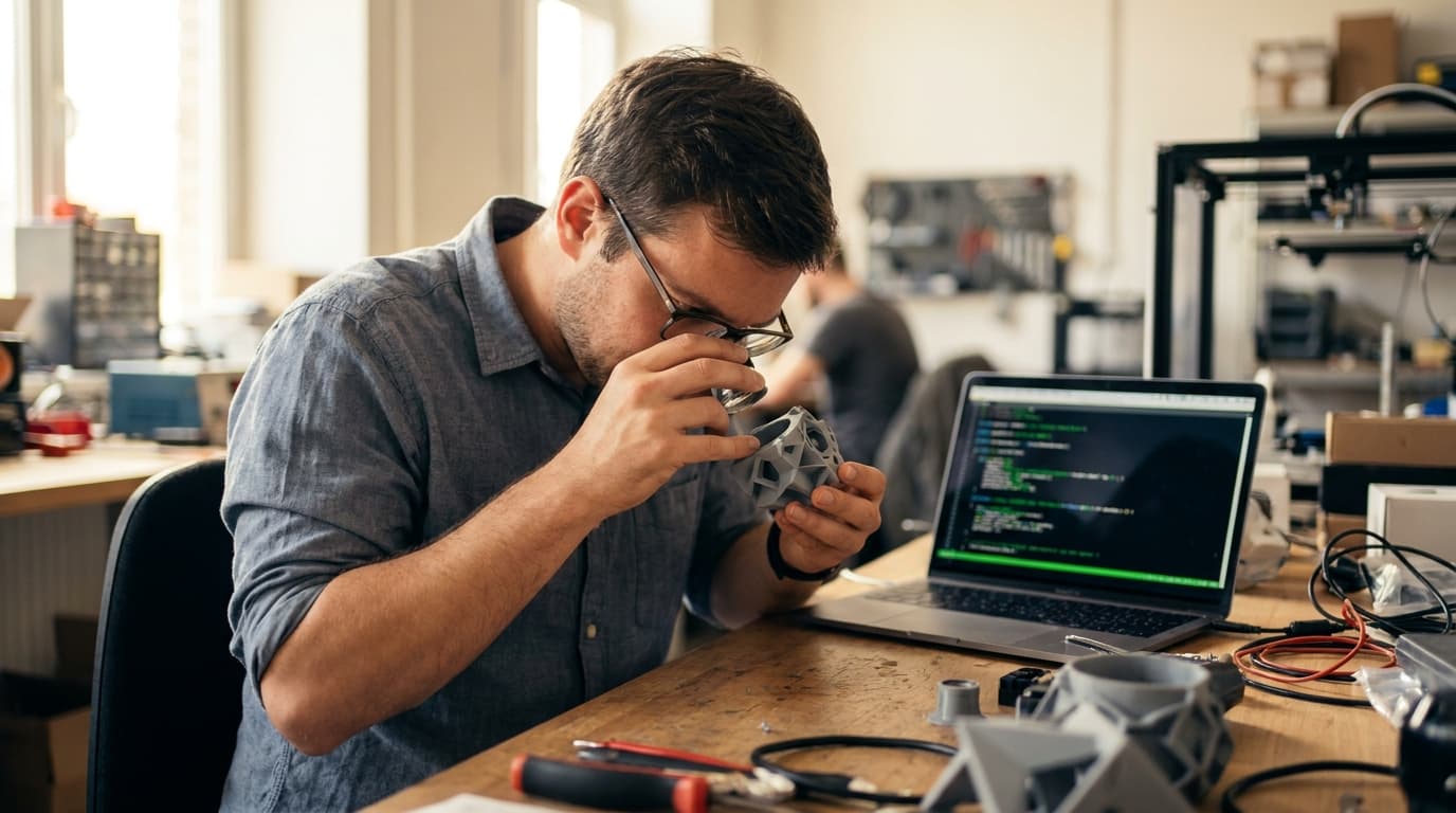 An engineer looking at a 3D-printed object on a desk next to a laptop displaying code for a CAD program.