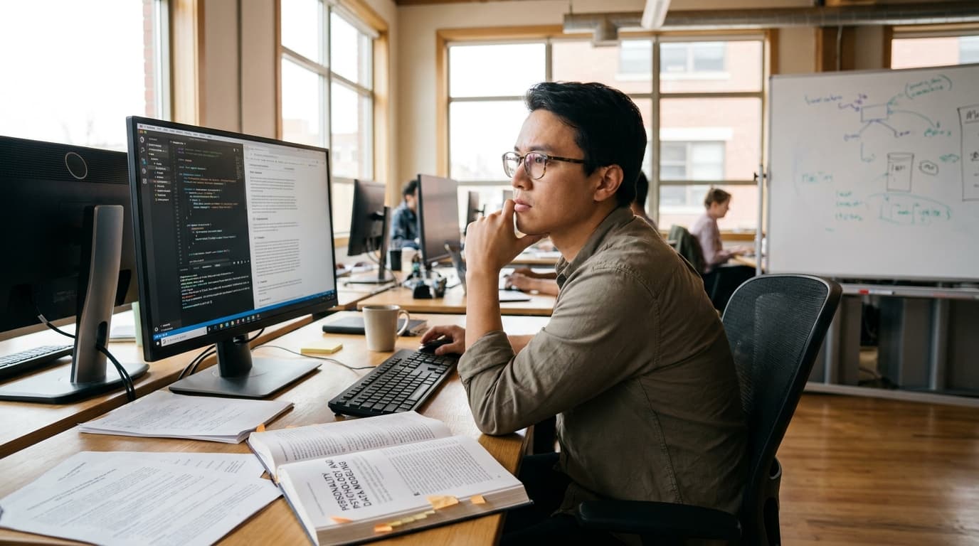 A researcher sits at a desk analyzing text on a computer monitor, with a scientific paper on psychology nearby.