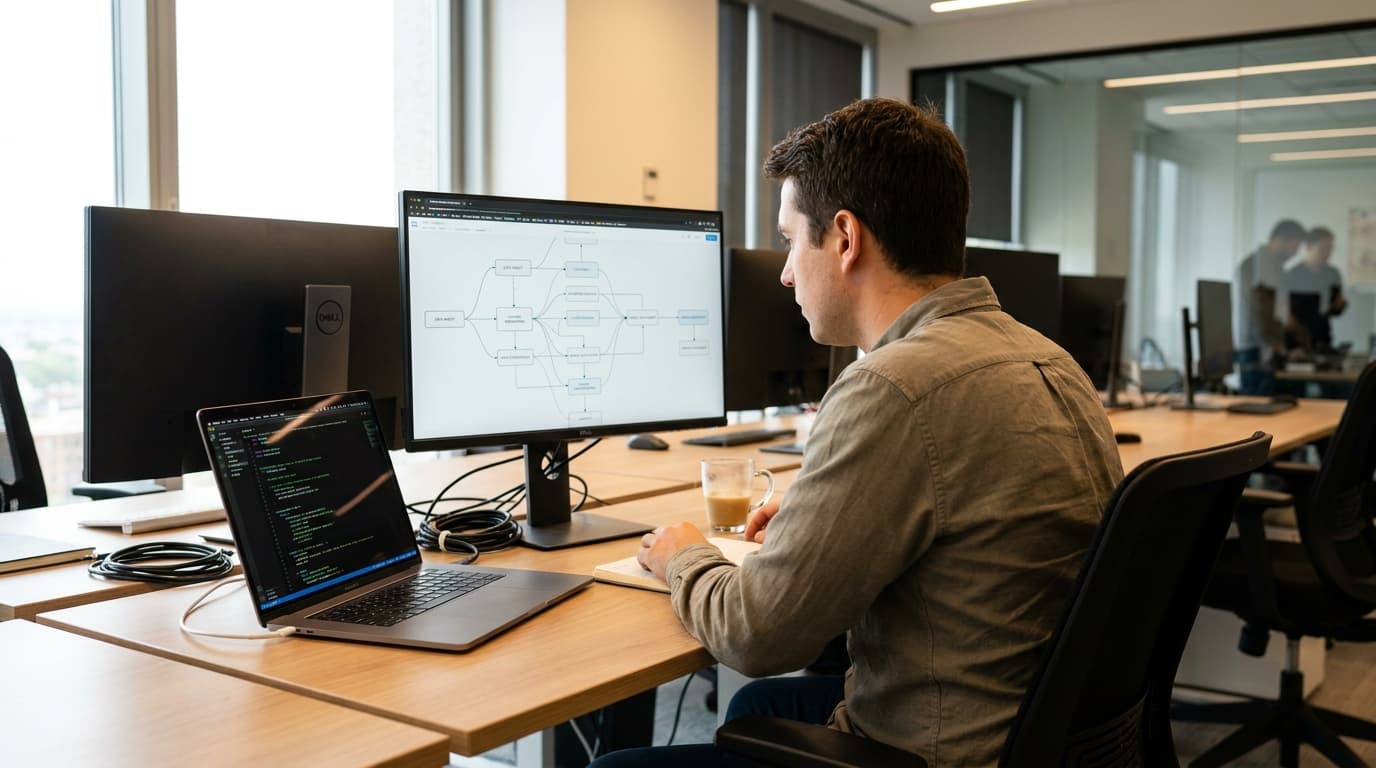 An engineer at a desk reviews a complex machine learning pipeline diagram on a large computer monitor.