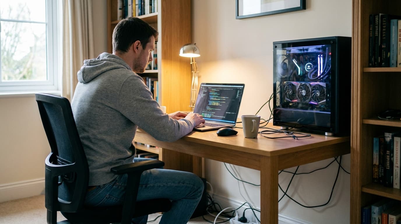A developer works on a laptop in an office, with a desktop computer tower visible nearby, suggesting local AI model development.
