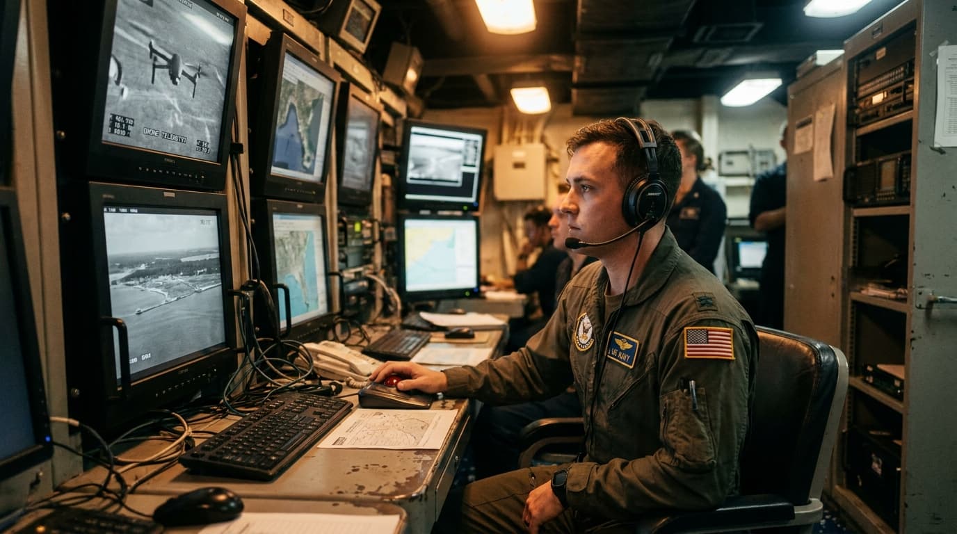 A Navy operator works at a control station for unmanned aircraft aboard the USS Theodore Roosevelt.