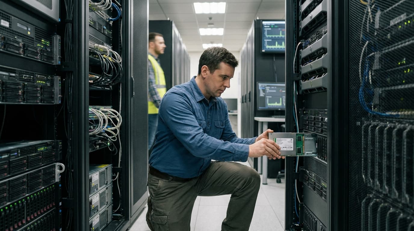An IT technician installs a Kioxia enterprise SSD into a server rack in a modern data center.