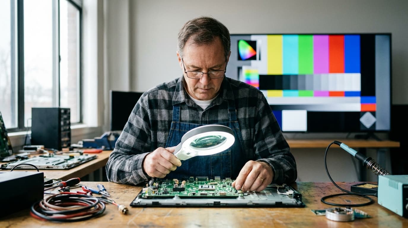 An engineer inspects the circuit board of a modern television, with a colorful HDR display in the background.