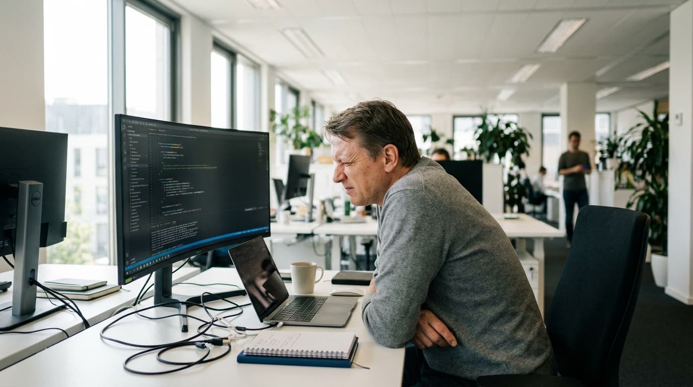 A software developer carefully inspects code on a computer monitor in an office setting.