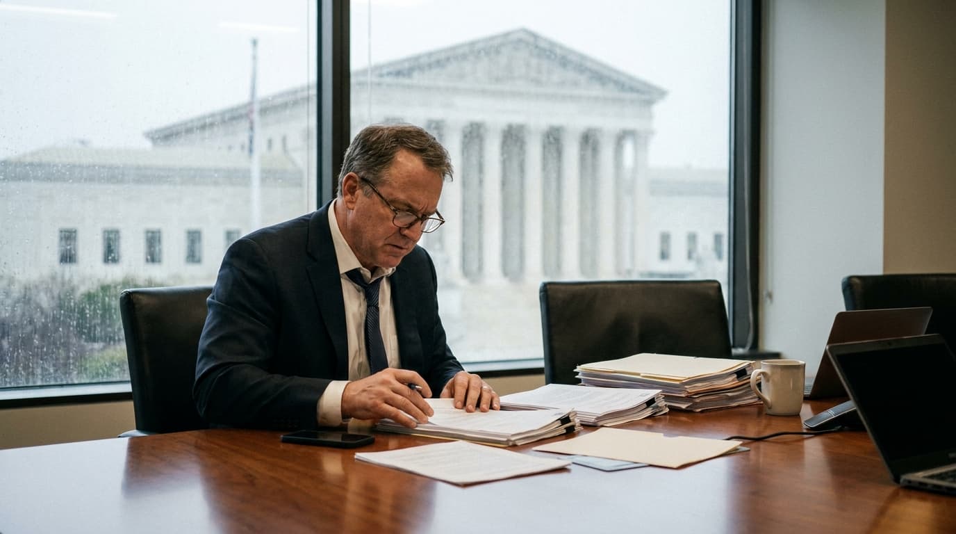 A lawyer in a business suit reviews legal papers at a conference table, with the Supreme Court building seen outside the window.
