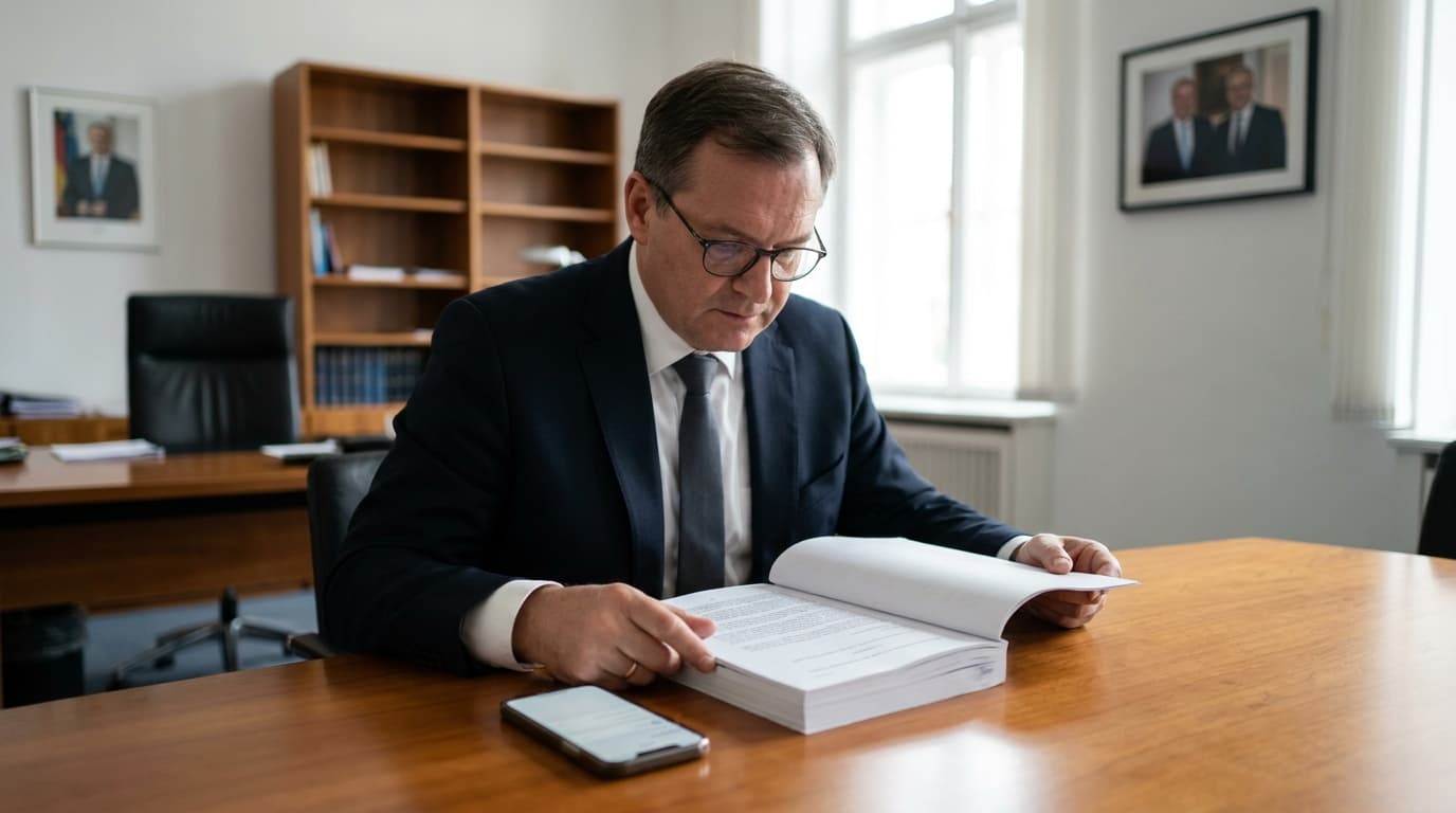 A government regulator in a business suit examines a document at their desk, with an iPhone showing a settings screen nearby.