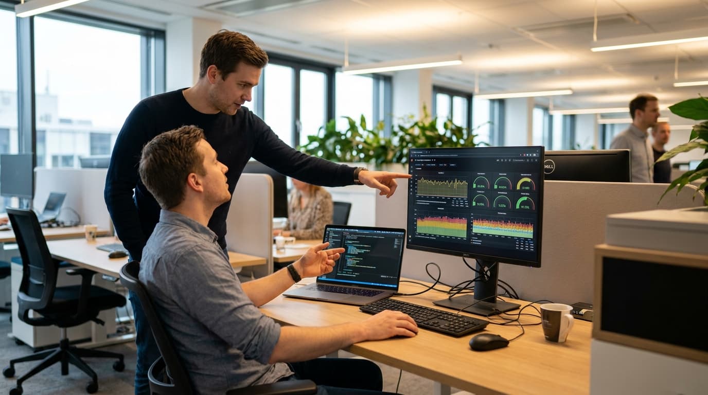 Two software engineers collaborating in an office, with one laptop showing code and another monitor displaying a Grafana data dashboard.