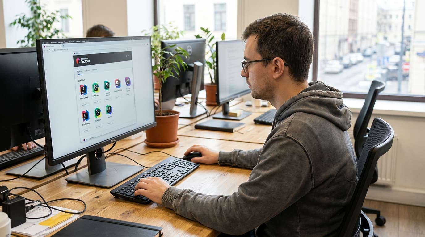 A developer using the JetBrains Toolbox App on a computer to manage their integrated development environments.