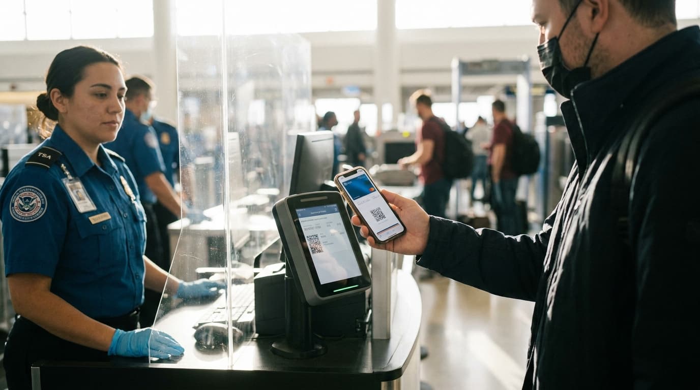 A traveler uses their iPhone to present a digital ID at a TSA security checkpoint in an airport.