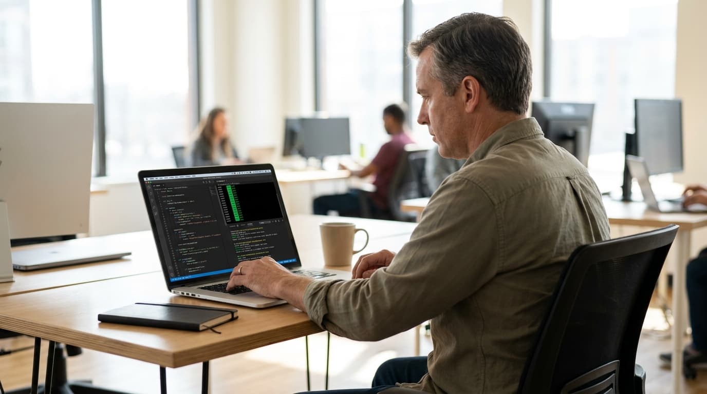 A developer's desk with a laptop showing a code editor and a terminal window with test results for a programming problem.