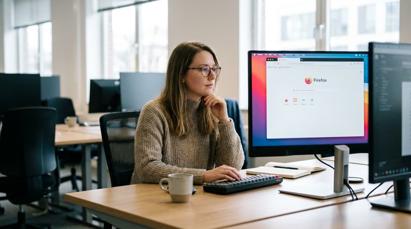 A developer works on a computer displaying the Firefox web browser in a modern office setting.