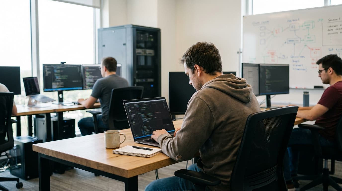 A developer working on a laptop at a desk, illustrating the use of local AI development tools.