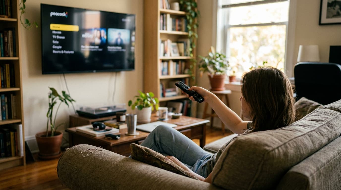 A person watching the Peacock streaming service on their television at home.