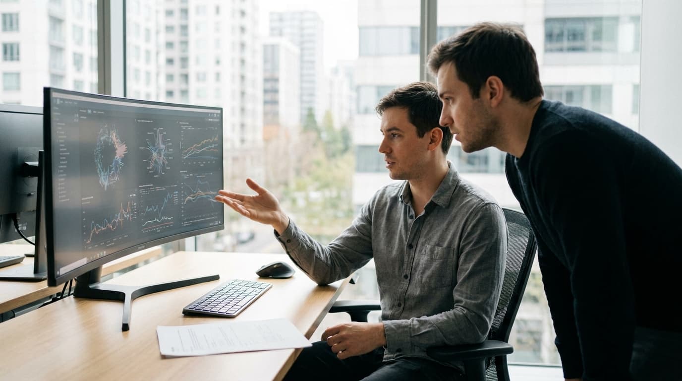 Two data analysts in a modern office discussing a data visualization on a large computer monitor.