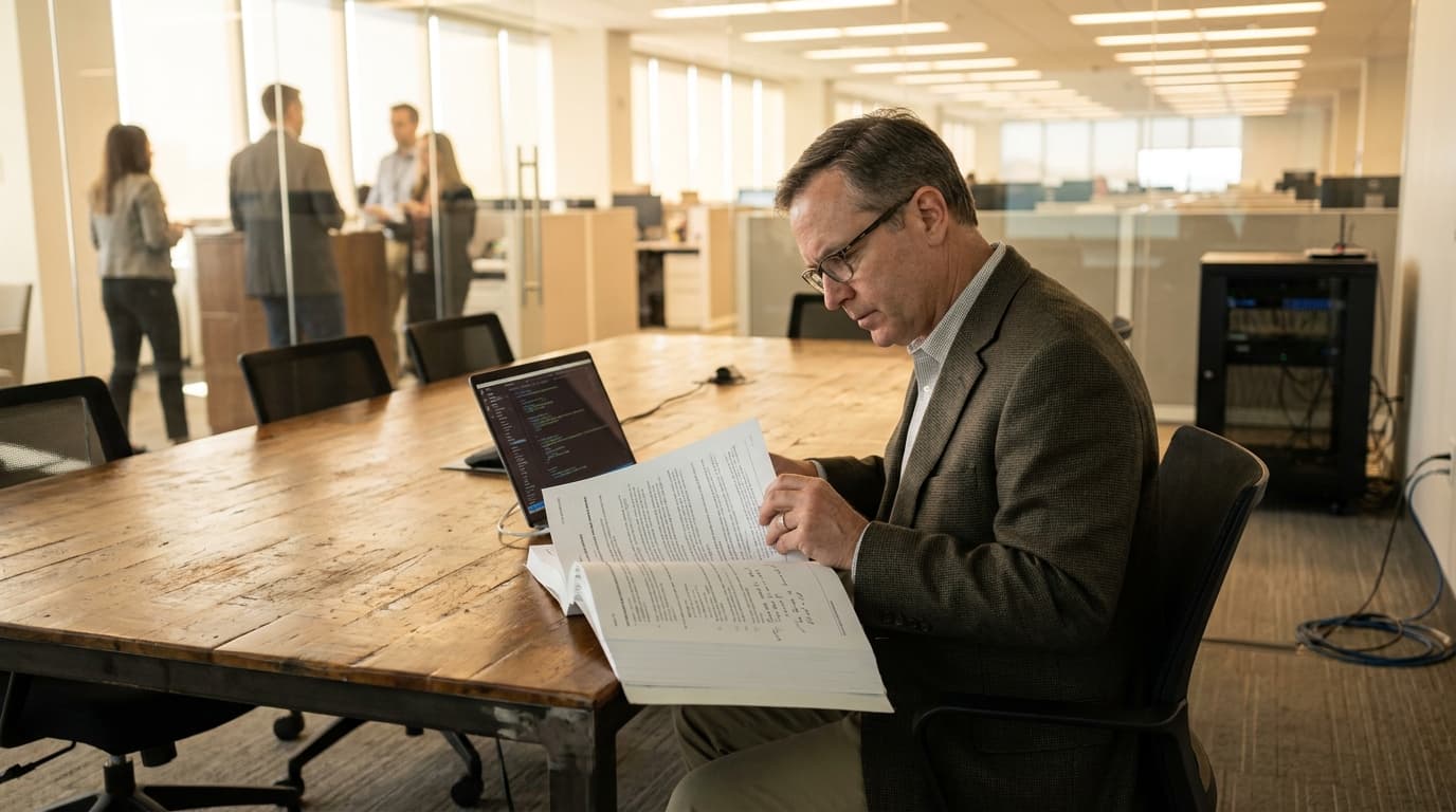 A compliance officer in a bank office reviews a regulatory document at a conference table with an open laptop.