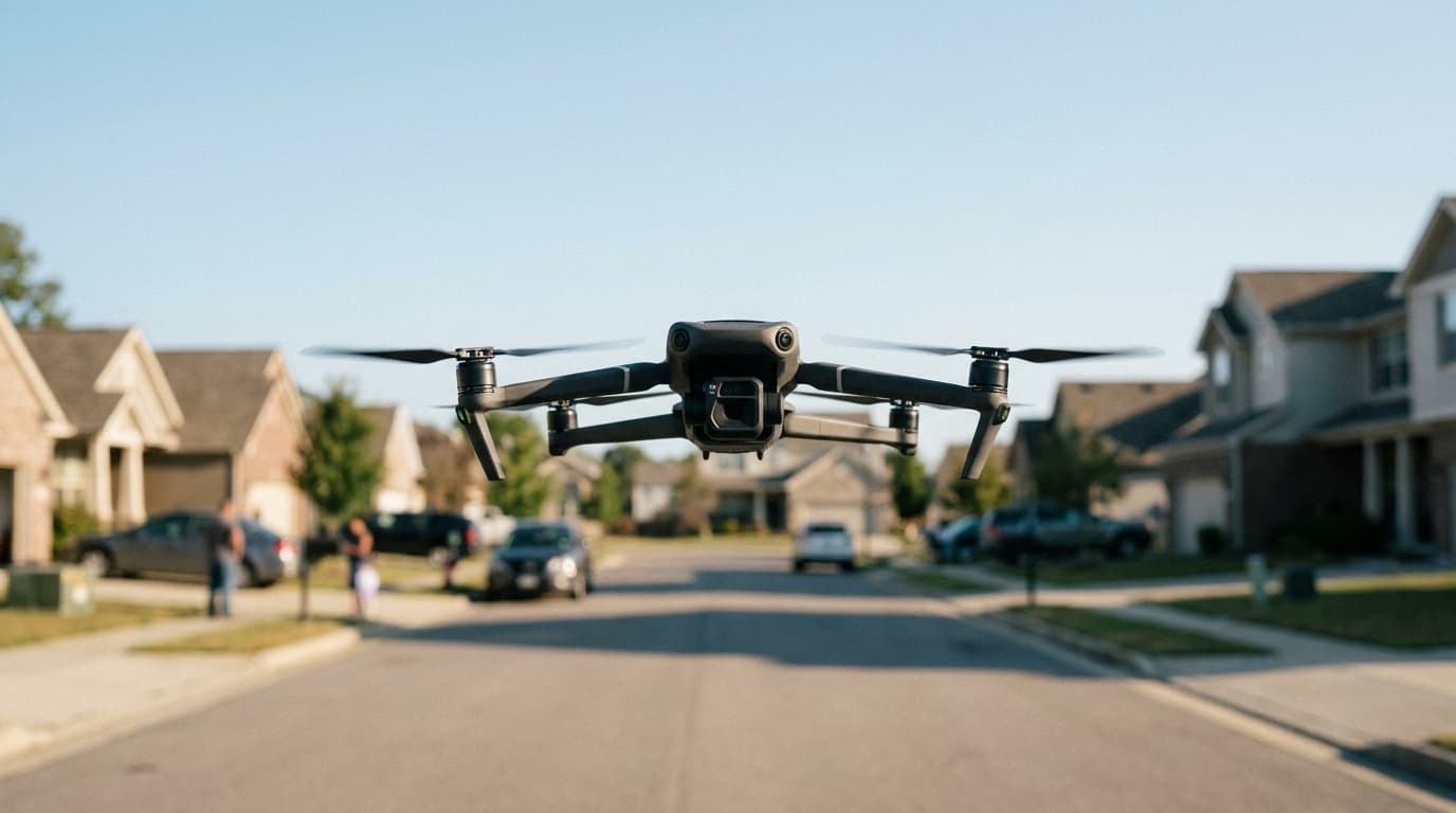 A Flock Safety drone hovers in the air on a quiet residential street, conducting surveillance.