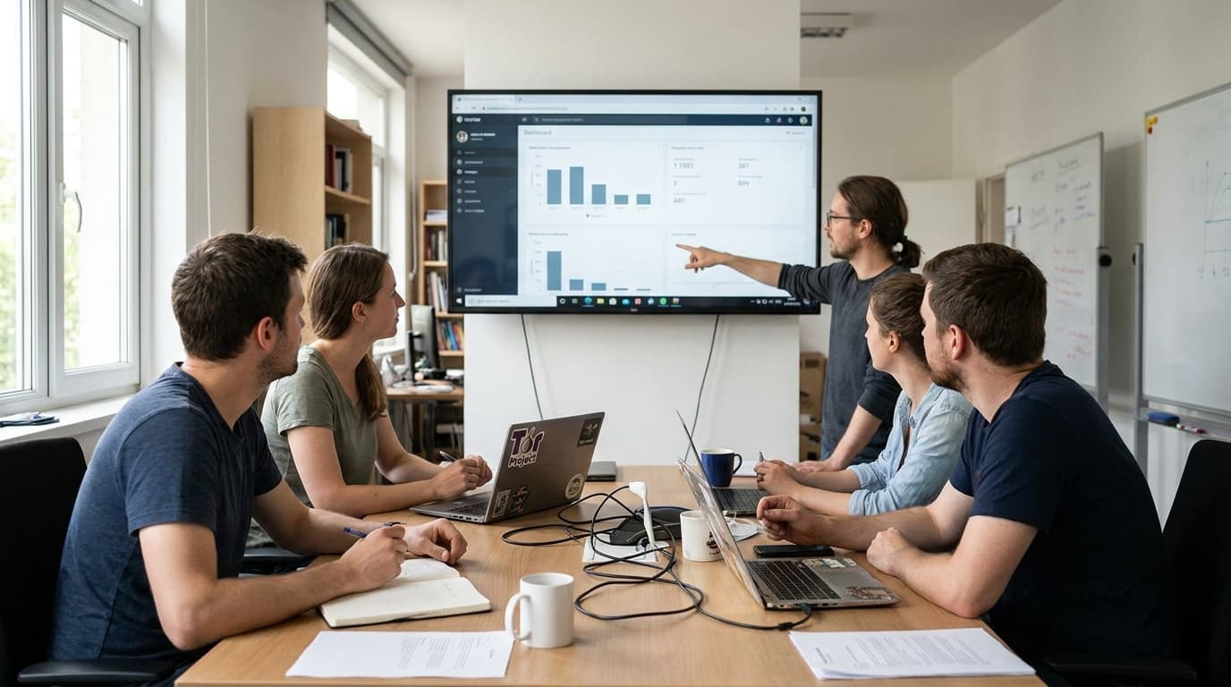 Tor Project team members analyzing fundraising campaign results on a computer monitor in their office.