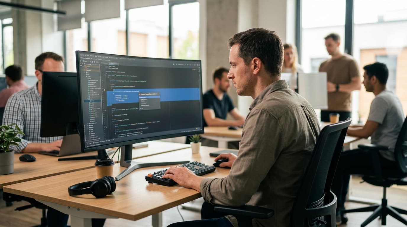 A developer using the JetBrains Rider IDE on a computer to perform an AI-assisted code refactoring.