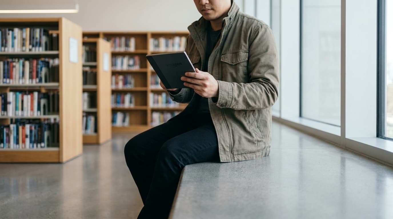 A person reads an ebook on an Amazon Kindle device while sitting inside a public library.