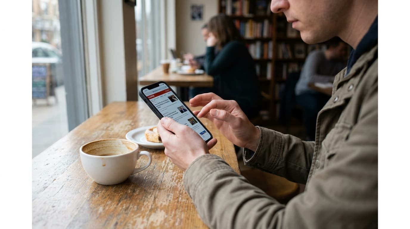 A person using their smartphone to customize their news feed while sitting at a table in a cafe.