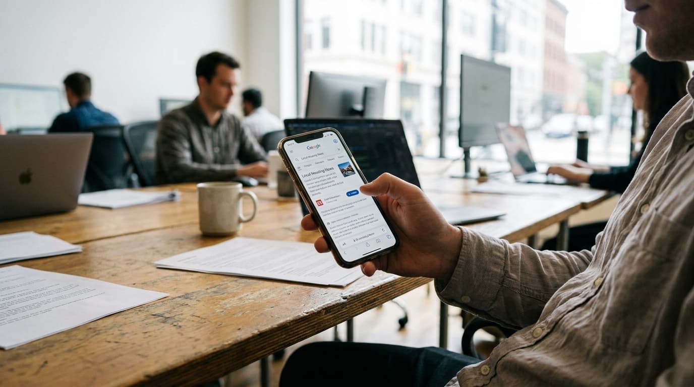 A person holding a smartphone that displays a Google search result with a finger pointing to the new 'Follow' button for a publisher.