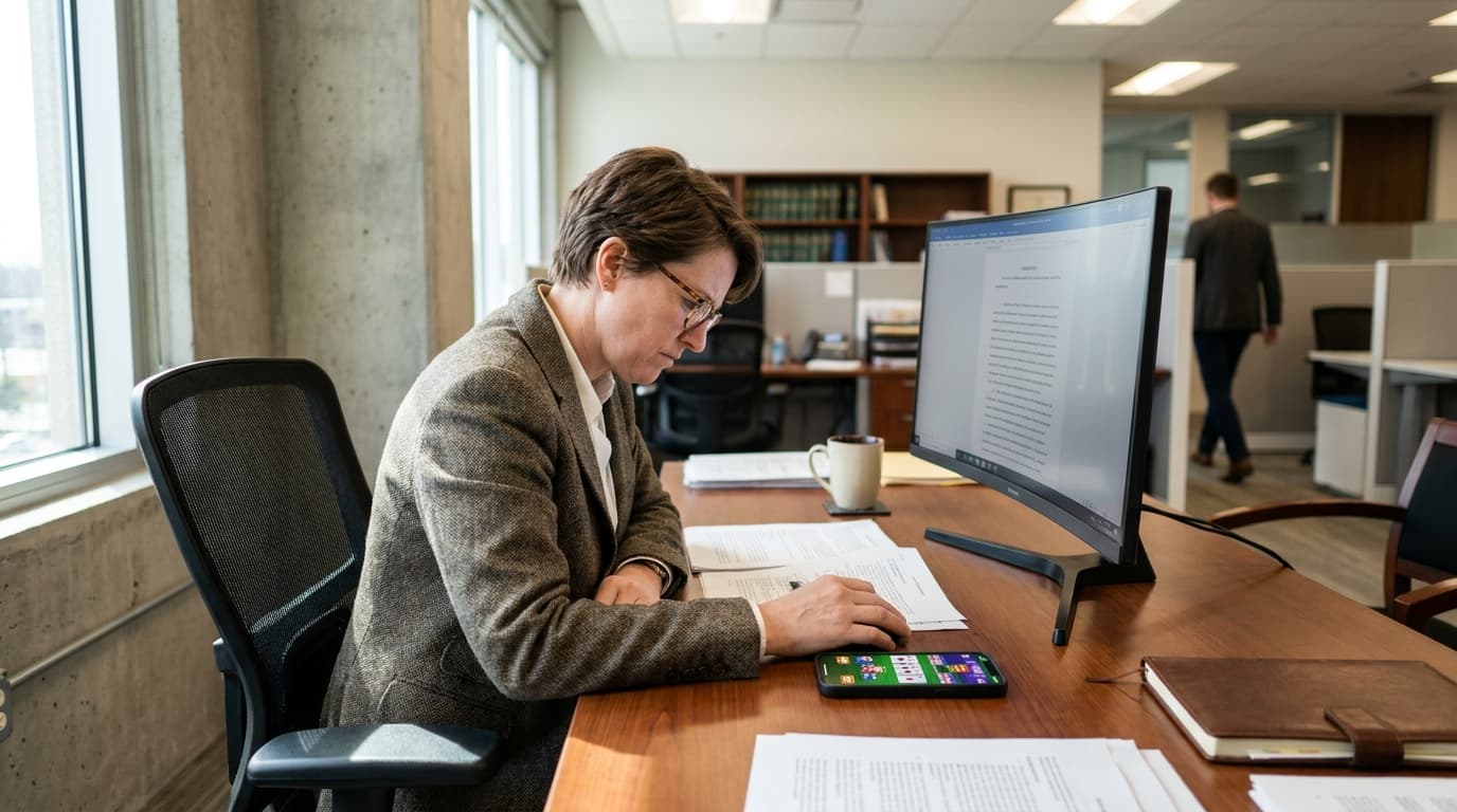 A legal professional analyzes a document at their desk, with a mobile phone showing an online gaming app nearby.