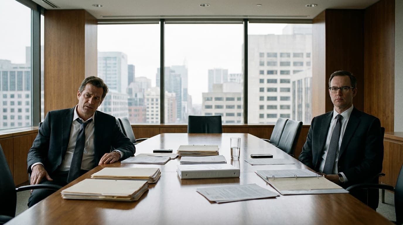 Two serious-looking business executives sit far apart at a long conference table covered in legal papers in a modern high-rise office.