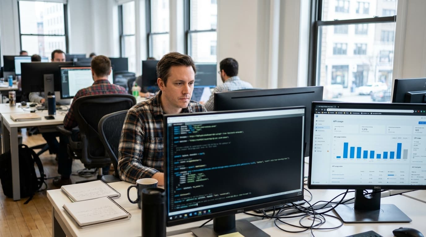 A developer works on code at a desk with two monitors in a bright, modern office setting.