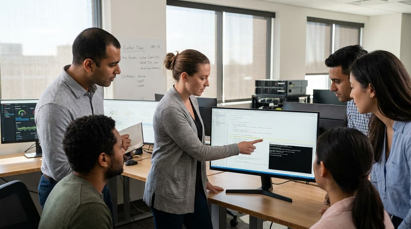 A team of security engineers and developers collaborating around a large monitor displaying code in an office.
