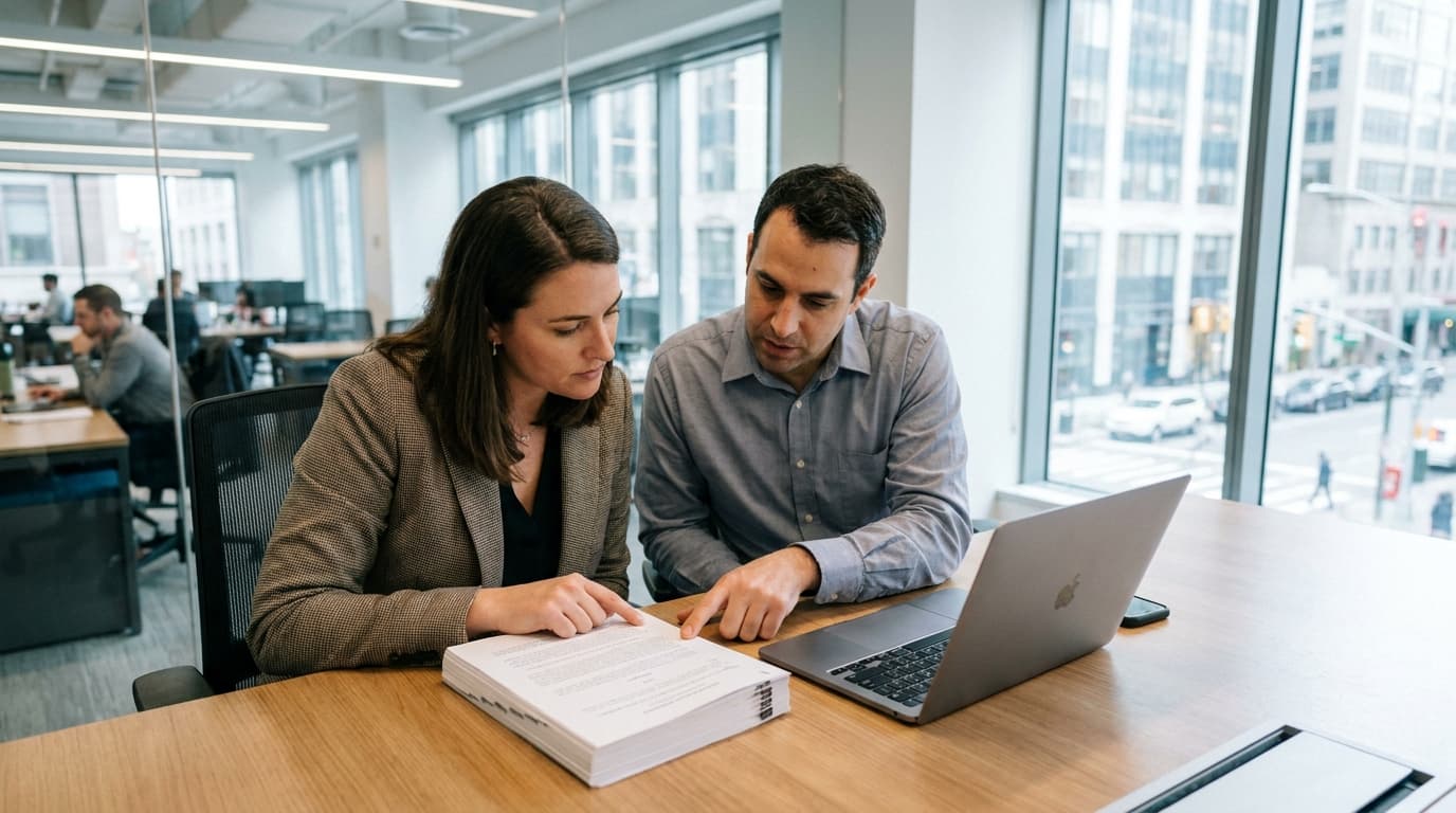 Two professionals in a business meeting review a legal document and a laptop at a conference room table.