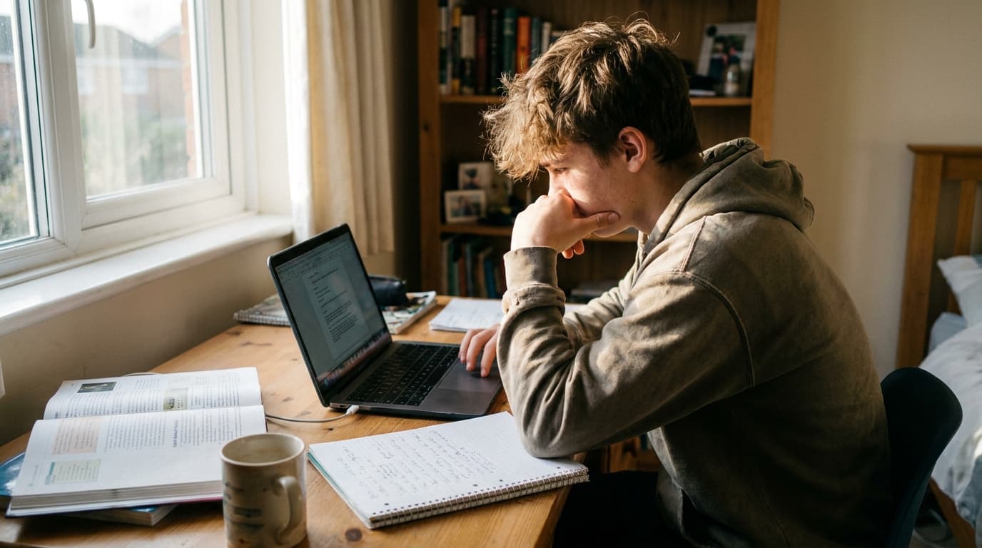 A teenage student sits at a desk with books and uses a laptop to do their homework.