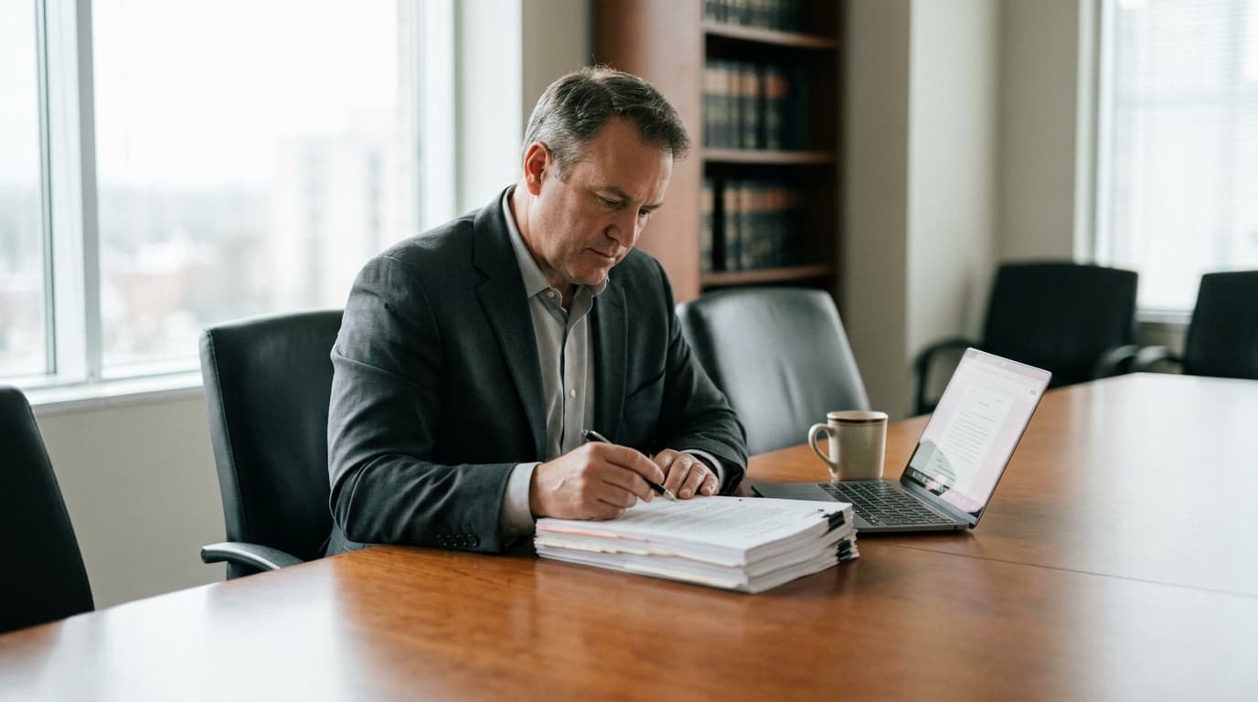 A person in a suit sits at a conference table, carefully examining a pile of legal papers next to an open laptop.