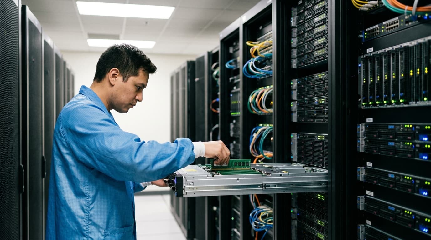 A technician in a data center installs a memory module into a server rack.