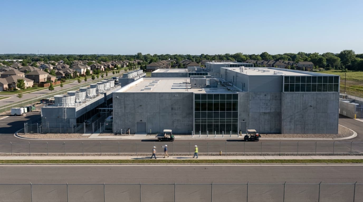 A large, windowless data center facility sits on a landscaped property near a residential area with single-family homes.