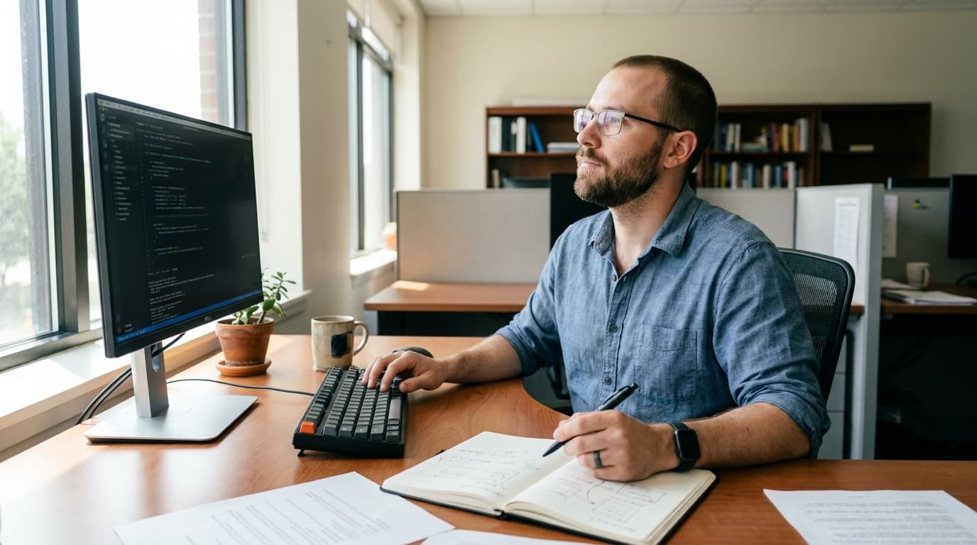 An engineer sits at a desk, looking at code on a computer screen while taking notes in a physical notebook.
