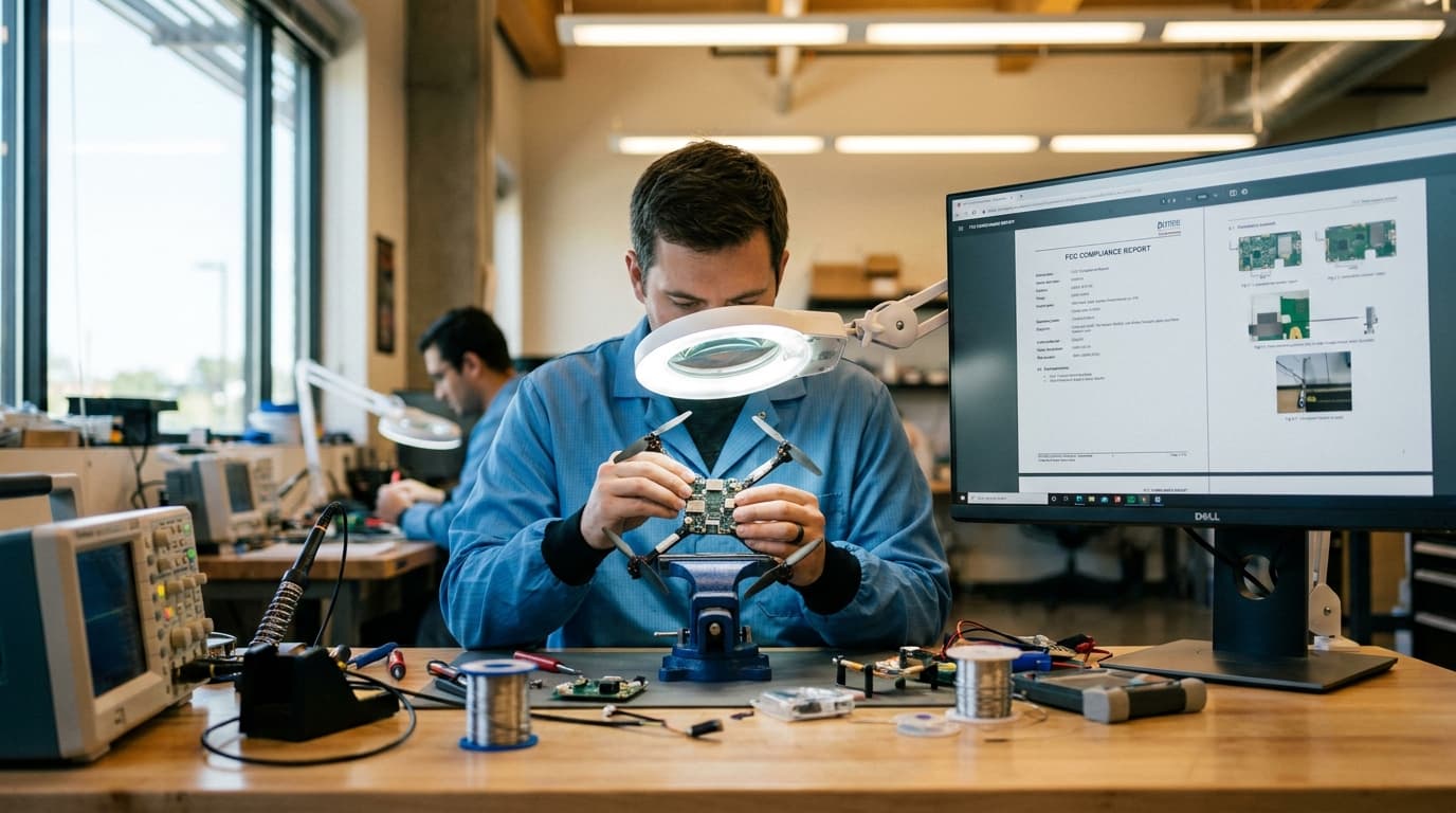 An engineer inspects a small drone part at a lab workbench, with regulatory documents displayed on a computer screen.