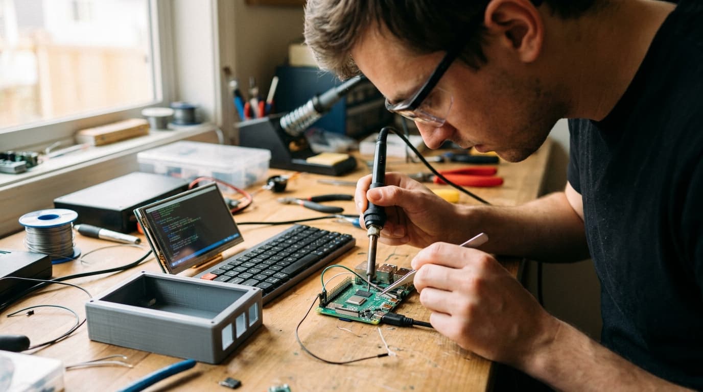 A close-up of a person's hands assembling a custom portable computer using a Raspberry Pi and other electronic components.