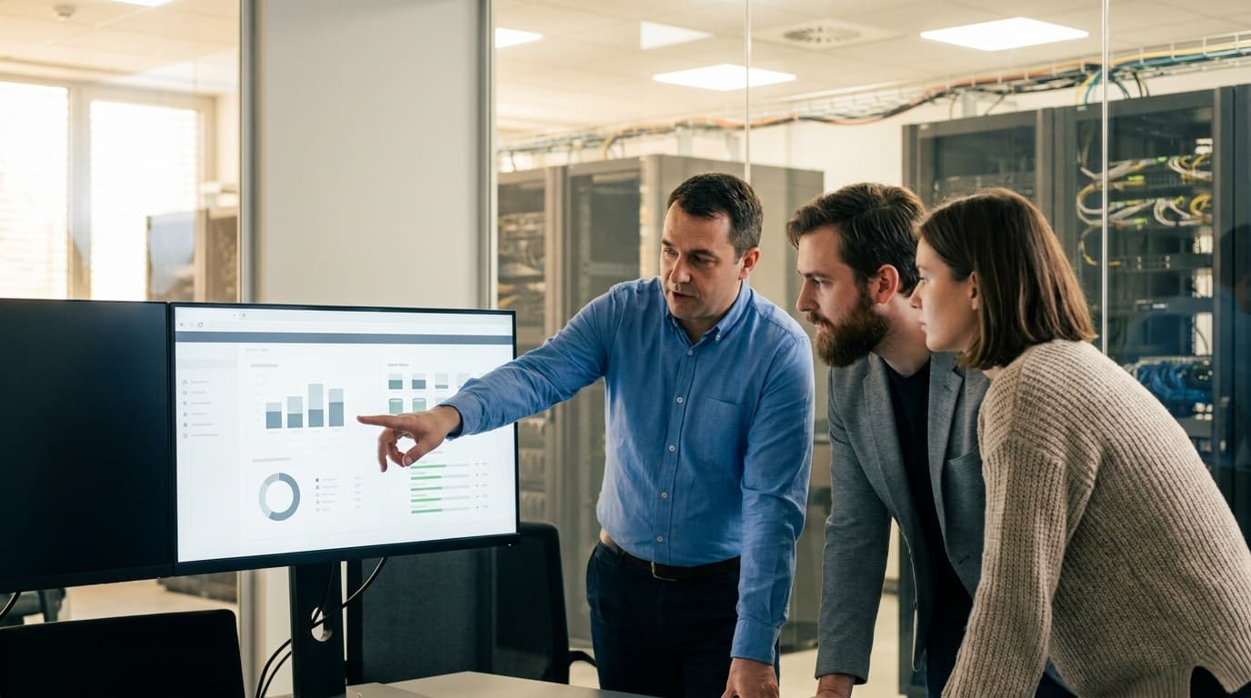 A team of IT professionals in an office meeting room analyzing data on a large screen during a cloud migration planning session.
