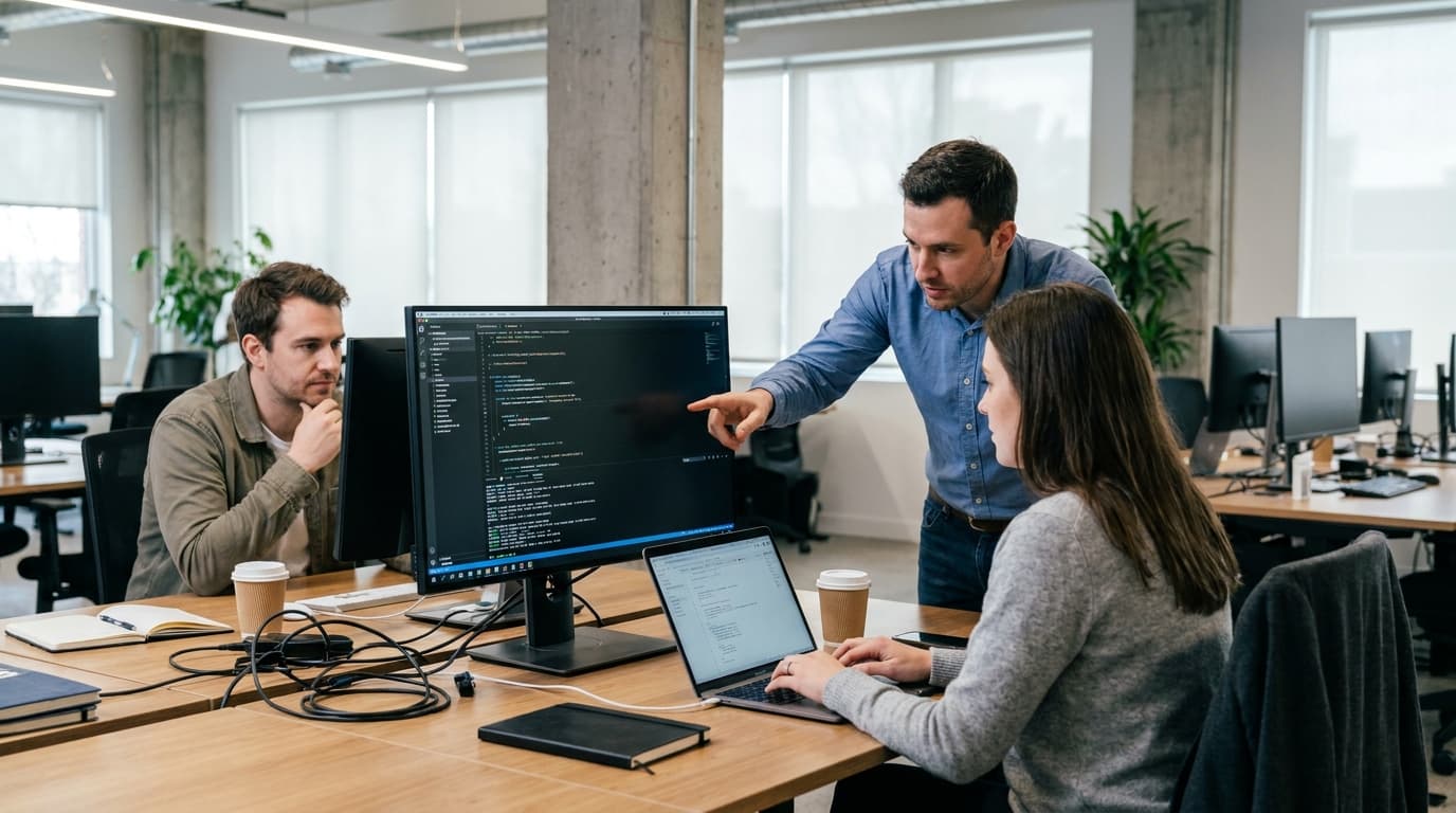 Three software engineers in an office discussing code displayed on a large monitor.