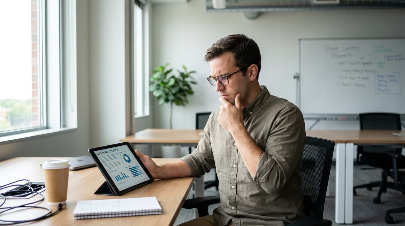 A person in an office environment reviews a data privacy report on a digital tablet.