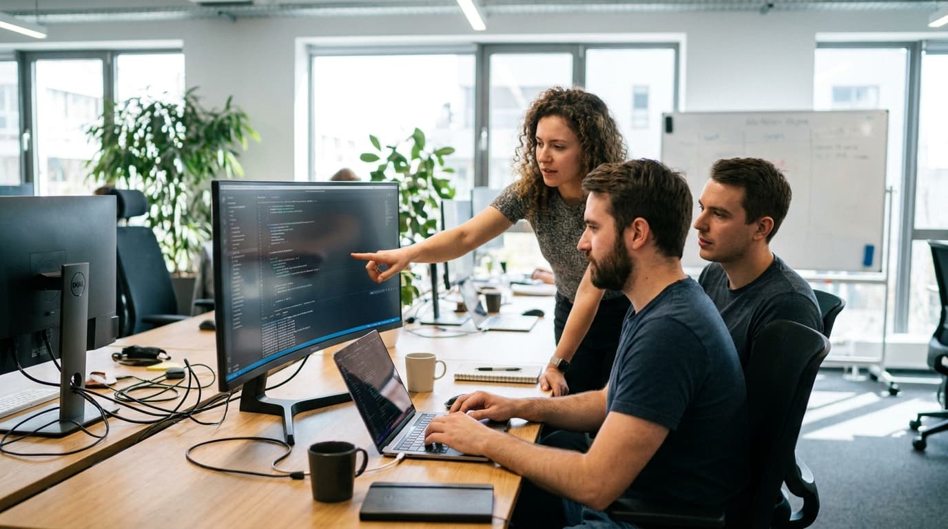 A team of software developers working together in an office, looking at code on a large screen and a laptop.