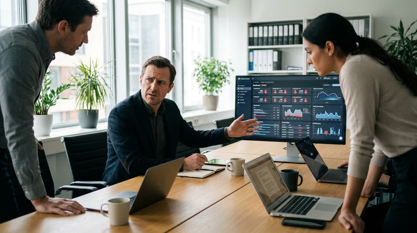 A group of business executives in a meeting room looking at a large screen displaying charts and data with concerned expressions.