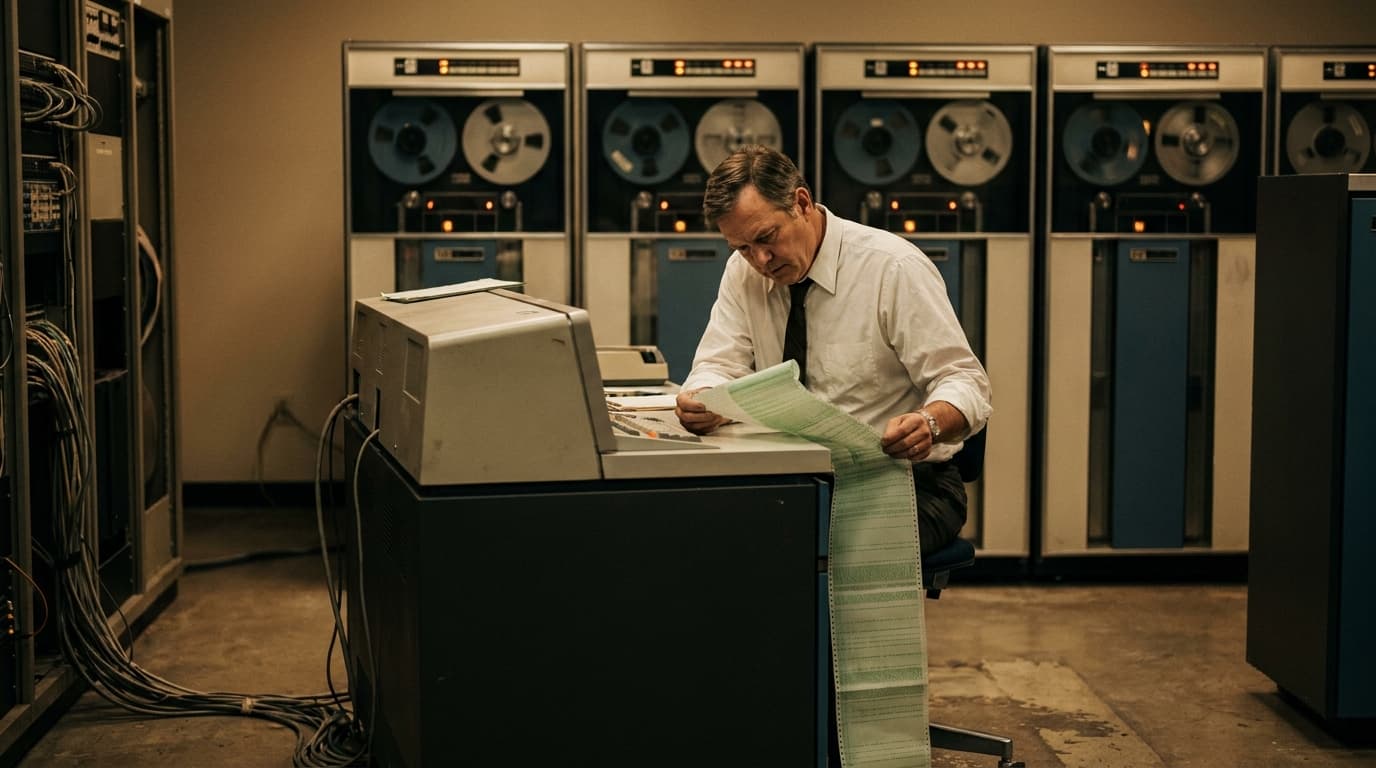 A 1960s-era mainframe computer with spinning tape reels in a data center, operated by an engineer.