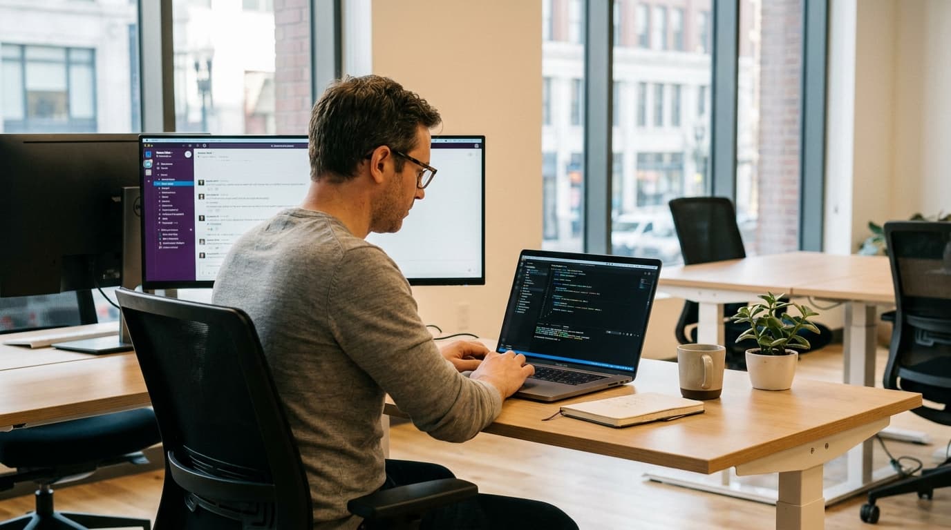 A developer writing code on a laptop, with a chat application visible on a nearby monitor in an office setting.