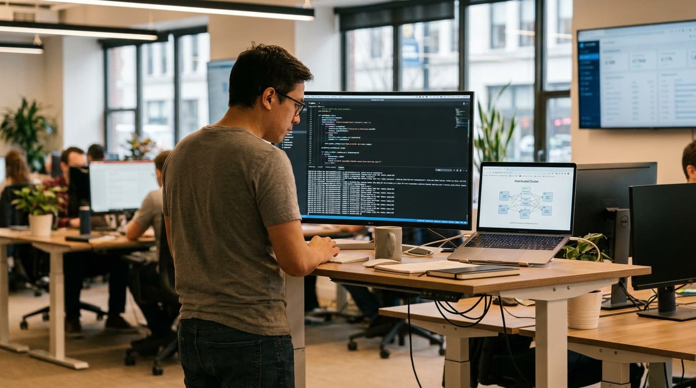 An engineer in an office reviews code related to a distributed system on a large monitor, with a cluster diagram on a nearby laptop.