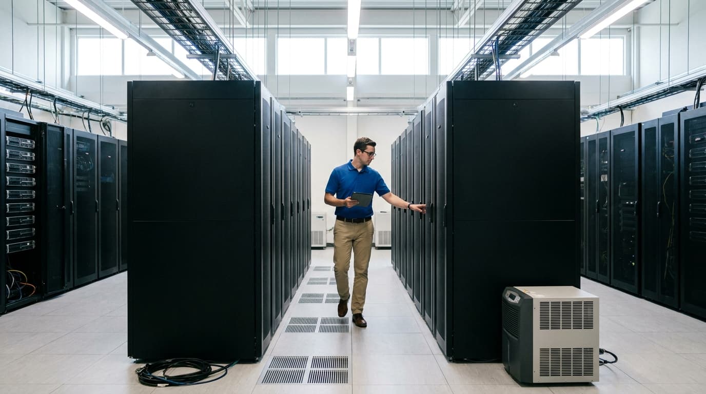 An IT engineer walks through a data center aisle, inspecting a row of black server racks.