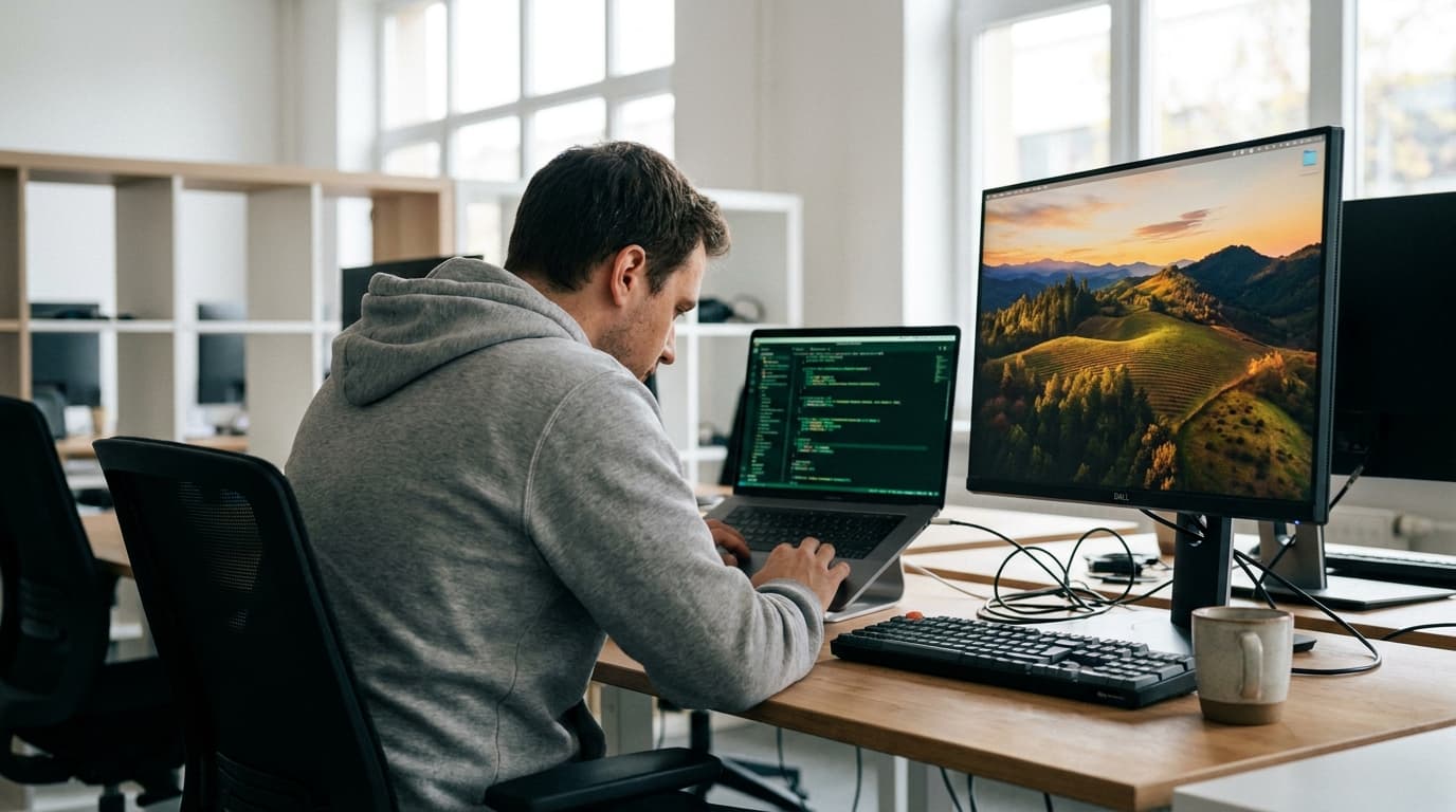 A software developer at their desk works on code while an AI-generated image is displayed on an adjacent monitor.